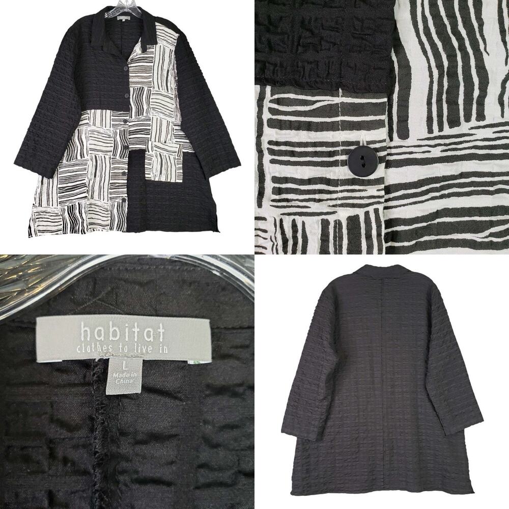 Habitat Top Shirt Womens Size Large Black White Crinkle Art To Wear Button Up LS